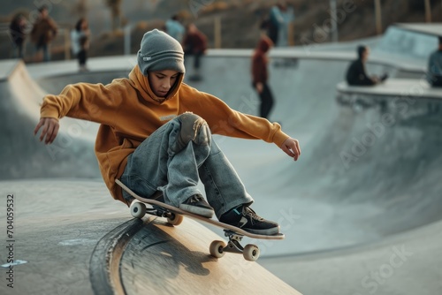 young skater skateboarding the a skatepark with energetic attitude photo