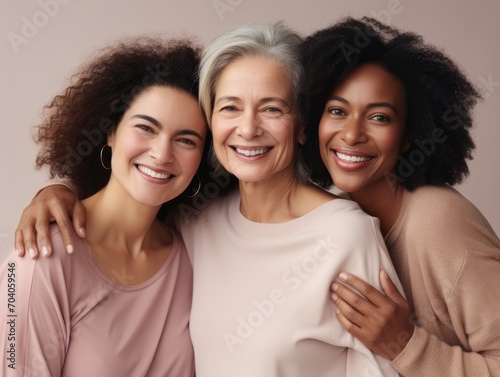 International Women s Day portrait of cheerful multiethnic mixed age range women smiling towards the camera  