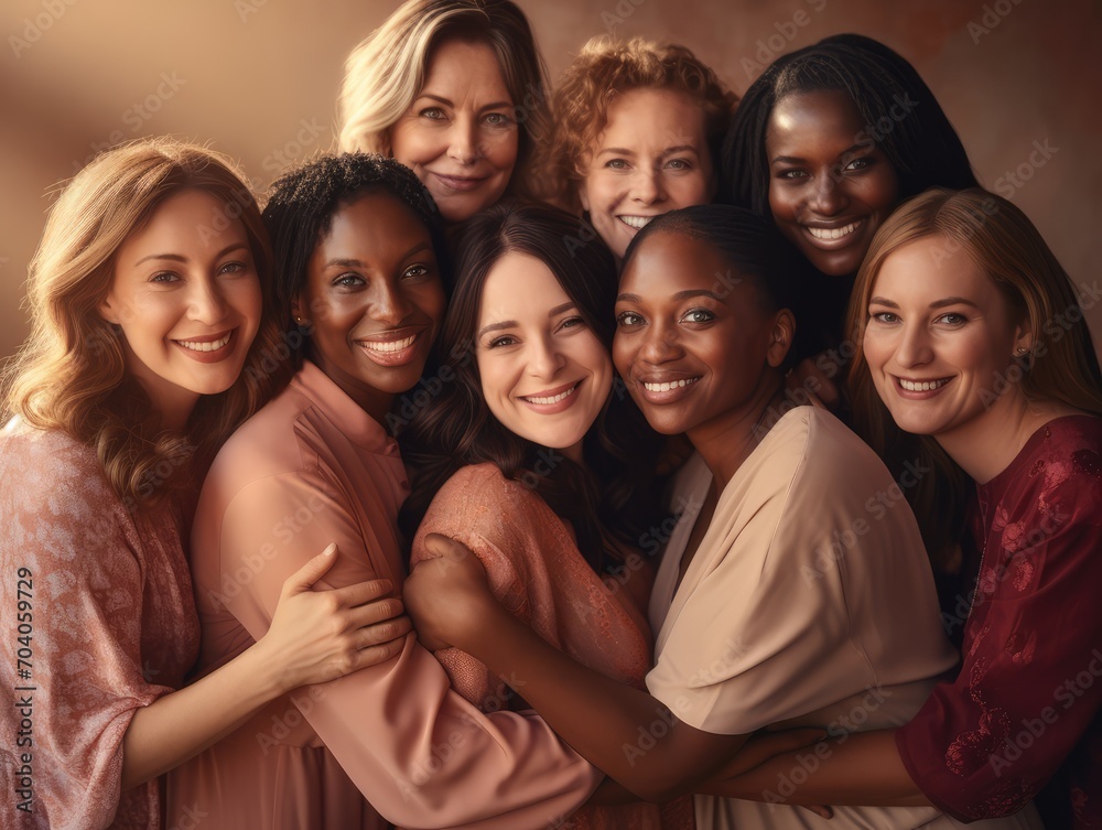 International Women's Day portrait of cheerful multiethnic mixed age range women smiling towards the camera, International Women's Day portrait of cheerful multiethnic mixed age range women smiling towards the camera,