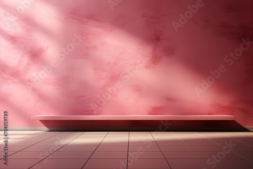 Pink wall with a pink shelf in front of it