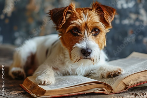 Intelligent dog wearing stylish glasses sitting on vintage chairs and reading a newspaper