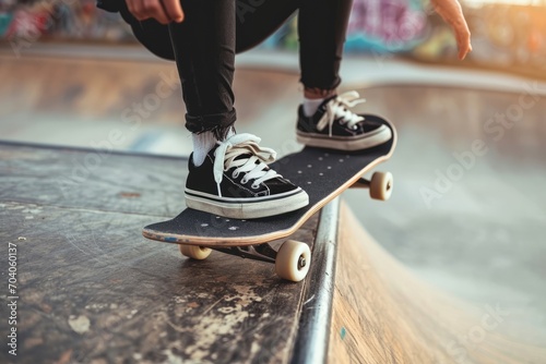 a stylish young black skater woman skating on her skateboard in a skatepark