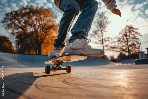 close up shot of two legs on a skate in a skatepark