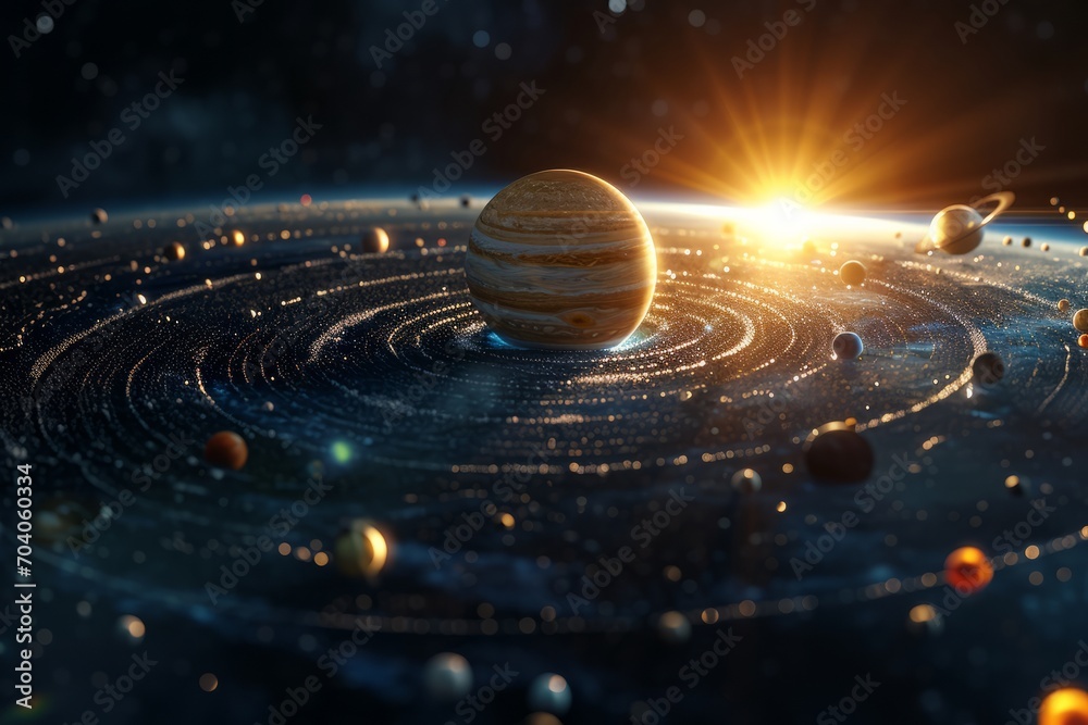 the solar system in space with lots of planets and satellites - obrazy, fototapety, plakaty 