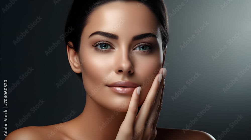 A detailed view of a lovely woman's face, highlighting her flawless complexion as evidence of a disciplined and successful skincare routine on a gray background A detailed view of a lovely woman's face, highlighting her flawless complexion as evidence of a disciplined and successful skincare routine on a gray background
