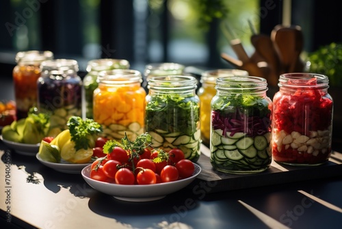 An assortment of colorful and healthy salads in glass jars