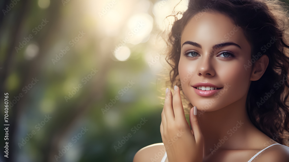 A close-up view of a stunning woman's face in front of a green natural background, showing off her flawless complexion skin care regimen - obrazy, fototapety, plakaty 