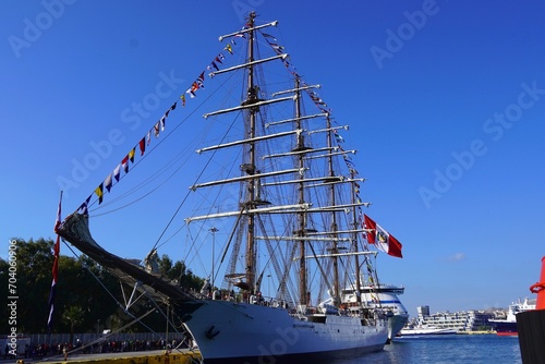 The BAP UNION, a four mast, sailing, training ship of Peru, in the port of Piraeus