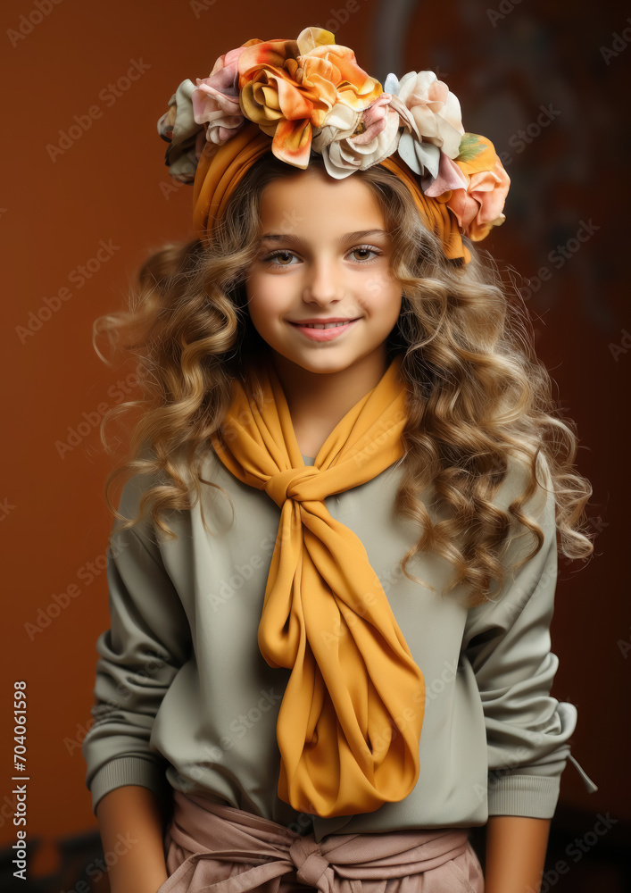 Naklejka premium beautiful smiling little girl with headband and wavy hair on color background in studio, happy child, children's fashion, portrait, kid, childhood, stylish person, cute baby, hairband, emotional face
