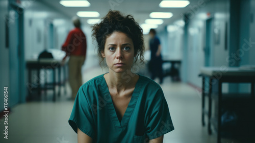 Exhausted female doctor in scrubs shows the toll of a challenging day in the hospital corridor, embodying dedication and fatigue