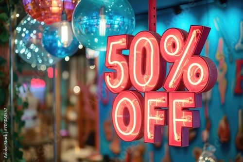 a vibrant neon 50% off sale sign photo