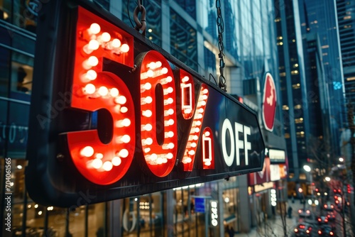 a vibrant neon 50% off sale sign