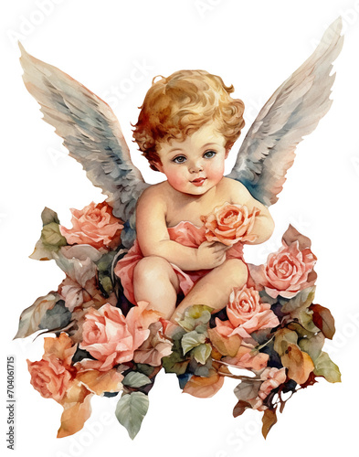 Watercolor illustration of cute Valentines Day cupid. Angel, love. Ai generated. Transparent background, png