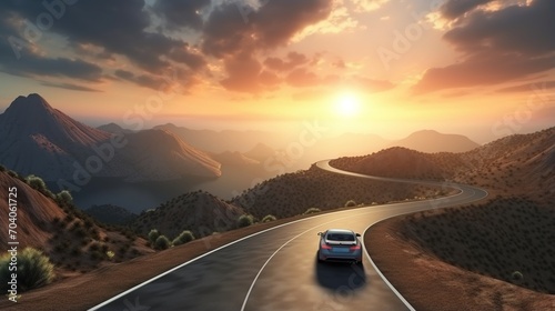 Car driving through a winding road in the mountains at sunset