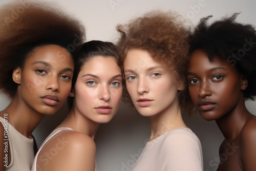 Four diverse women showcase natural beauty and confidence, representing a spectrum of multiethnic elegance and grace