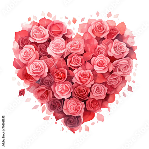 Watercolor Heart made of red and pink roses isolated on transparent background.