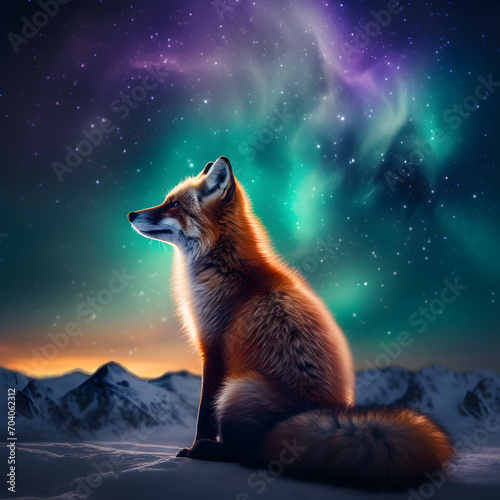 Fox with the Northern Lights aurora borealis in the sky 