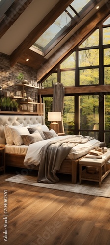 Modern bedroom interior design with large windows © duyina1990
