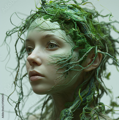 A stunning woman adorned with vibrant green leaves on her face exudes a mystical and natural beauty, embodying the harmony between humanity and nature photo