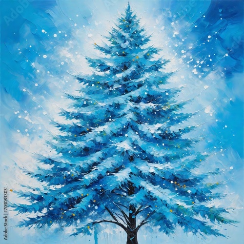 Oil painting Christmas tree artwork. Hand drawn oil painting. Christmas art background. Oil painting on canvas. Modern Contemporary art © Saba