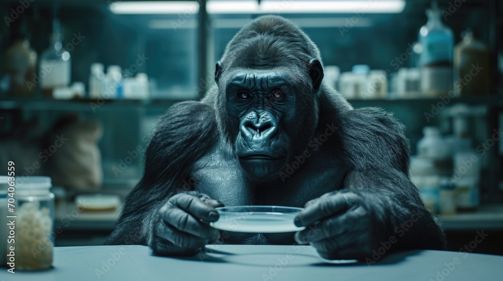 gorilla holds a Petri dish in its hands and sits in front of a table in a biological laboratory gorilla holds a Petri dish in its hands and sits in front of a table in a biological laboratory