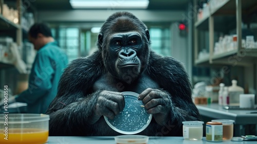 gorilla holds a Petri dish in its hands and sits in front of a table in a biological laboratory 