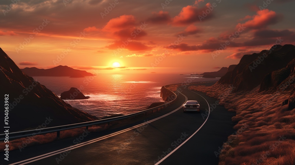 Car driving on a coastal road at sunset