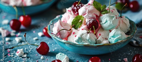 Colorful marshmallow salad with cream and cherries. photo
