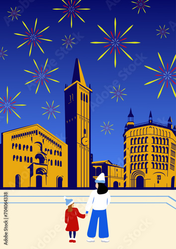 Fireworks in the historic center of Parma Italy. Italy, Parma skyline, city Parma, Regio Emilia. Parma cityscape with famous landmarks, city sights, landscape.