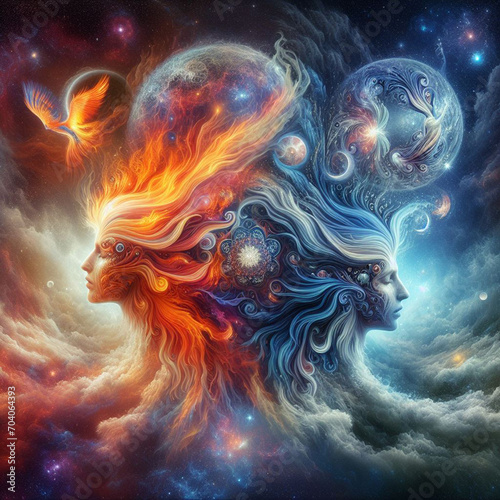 Twin flame couple. Soulmates. The concept of magical  esoteric  tantric  spiritual love. Connection between souls. Illustration for websites and much more. Created using generative ai tools