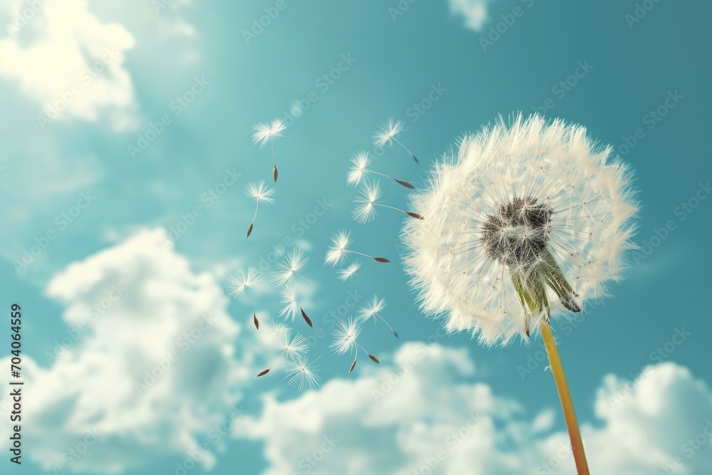 Fototapeta premium A dandelion with fluttering seeds in a windy sky.