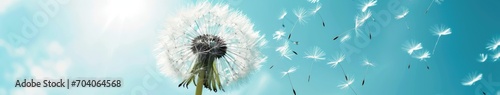 A dandelion with fluttering seeds in a windy sky.