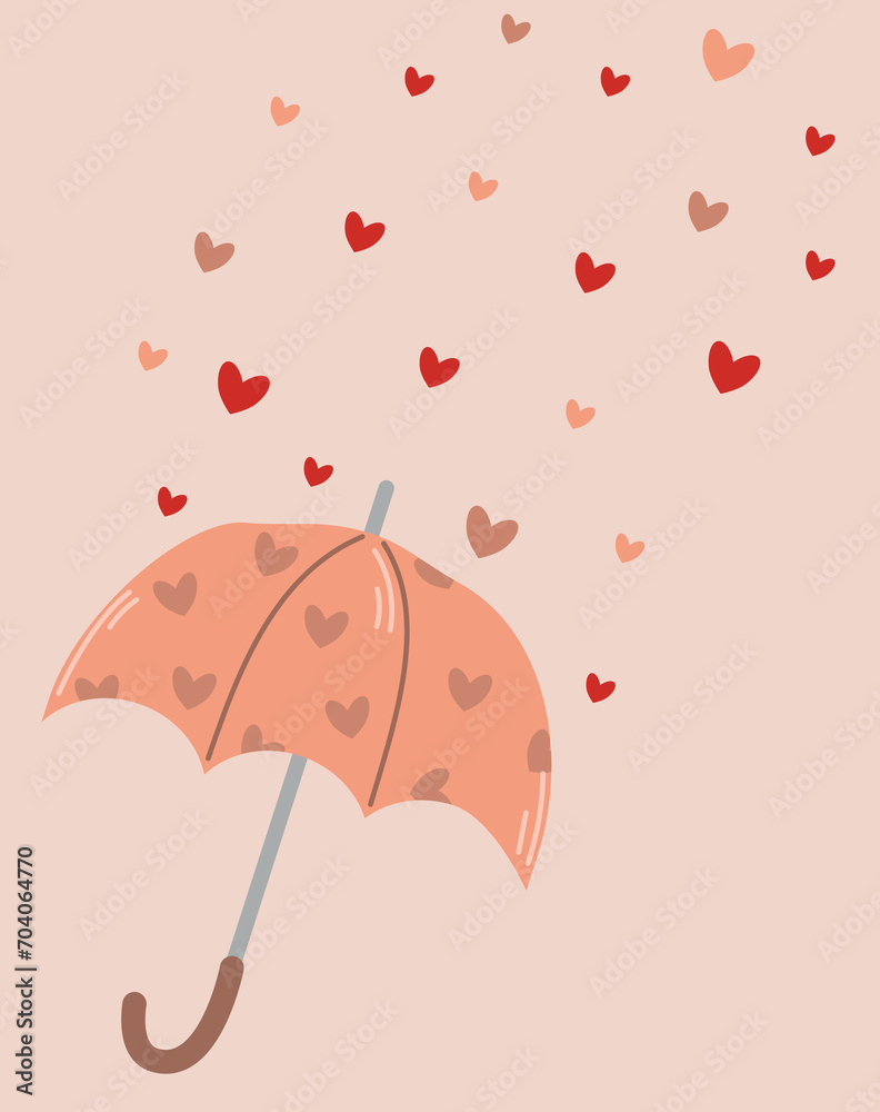 Romantic card with hearts, Rain of hearts with umbrella, Love pattern for background