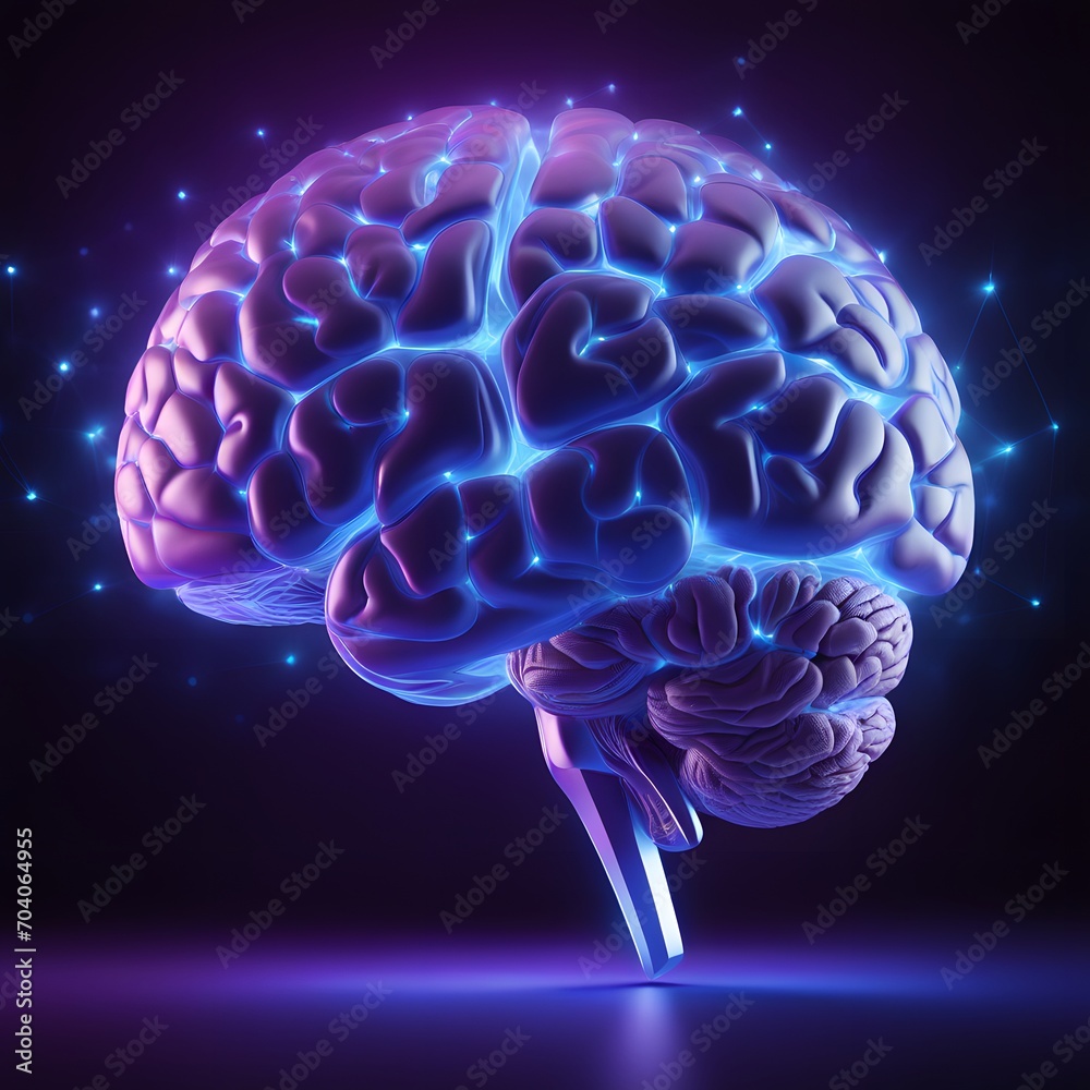 3d rendering of a human brain on a dark background with blue and purple lights. The brain is surrounded by a network of glowing lines. 3d rendering of a human brain on a dark background with blue and purple lights. The brain is surrounded by a network of glowing lines.