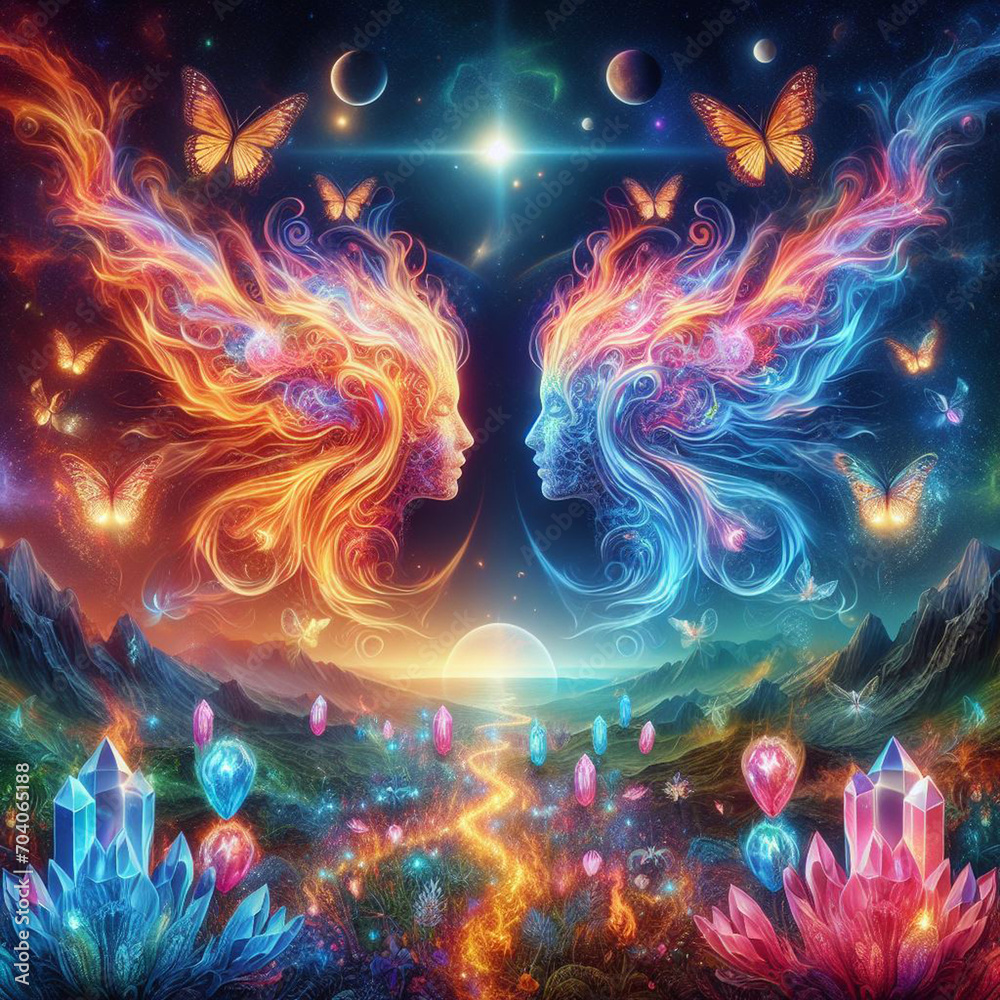 Twin flame couple. Soulmates. The concept of magical, esoteric, tantric, spiritual love. Connection between souls. Illustration for websites and much more. Created using generative ai tools Twin flame couple. Soulmates. The concept of magical, esoteric, tantric, spiritual love. Connection between souls. Illustration for websites and much more. Created using generative ai tools