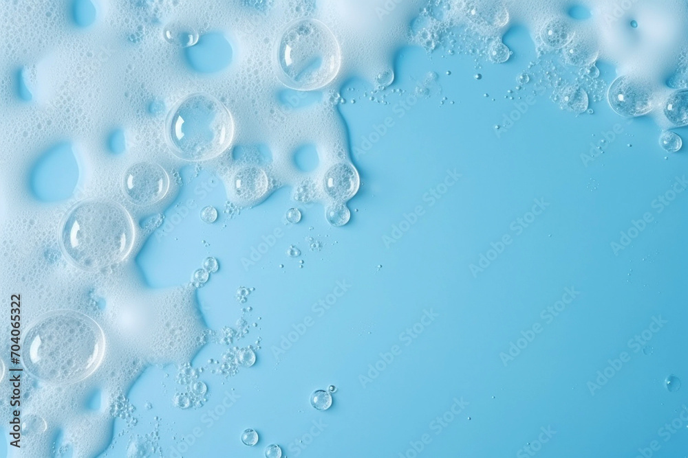 Soap foam, blue water surface texture with bubbles and splashes. Clear water abstract nature background, copy space for text