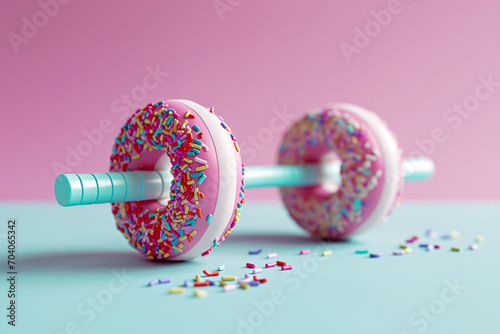Donut dumbbell, bad fitness nutrition. Creative concept for a healthy lifestyle, sport and bodybuilding. Weight training and wrong diet, too much carbohydrates, funny food, eating junk food