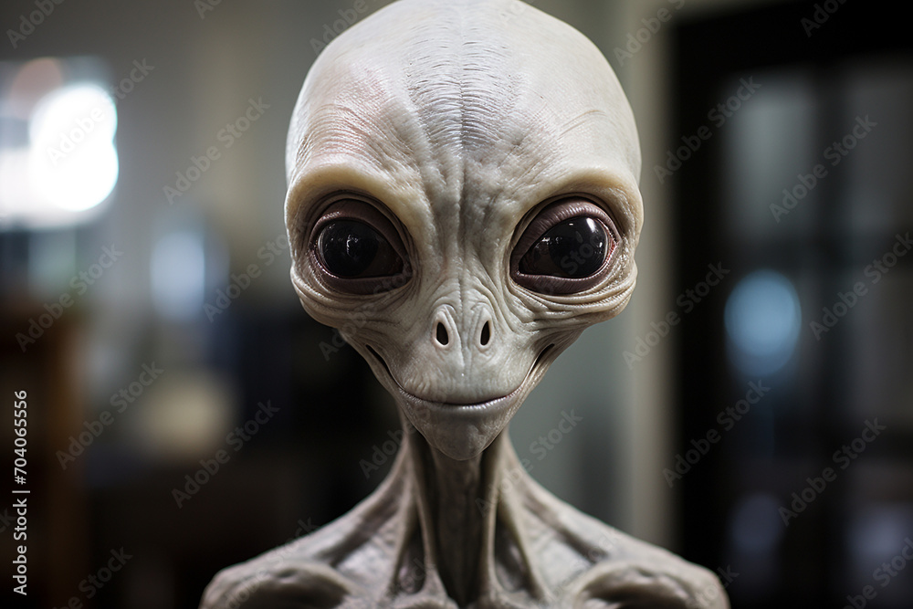 Alien or extraterrestrial, sci-fi, horror concept. Gray alien portrait with big heads and dark big eyes in dark background Alien or extraterrestrial, sci-fi, horror concept. Gray alien portrait with big heads and dark big eyes in dark background