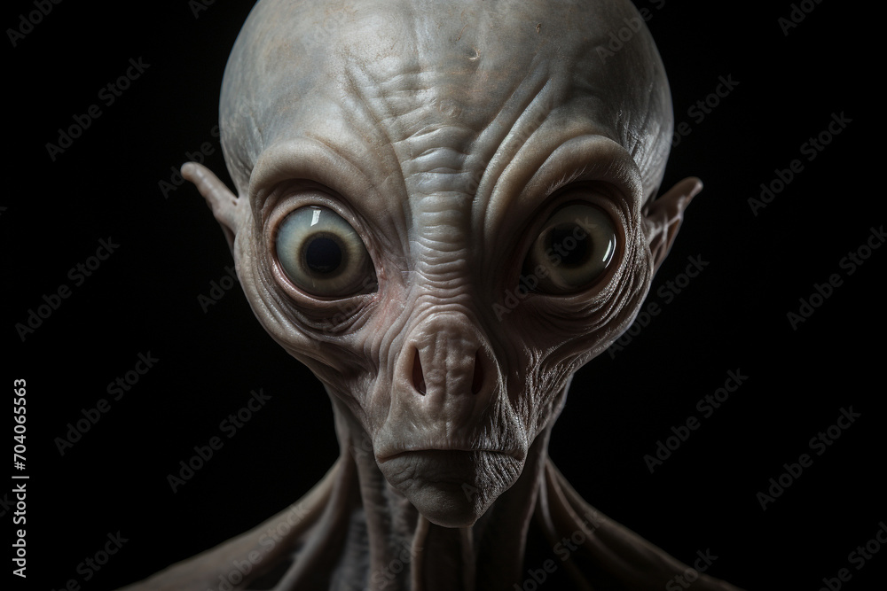 Alien or extraterrestrial, sci-fi, horror concept. Gray alien portrait with big heads and dark big eyes in dark background