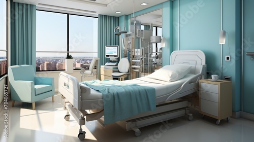 Modern hospital room interior with city view
