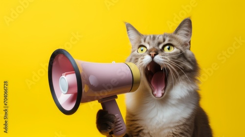 Cat screams with a loudspeaker on a yellow background.