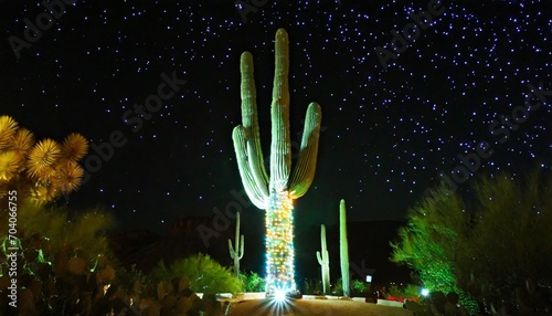 colorful christmas lights illuminating saguaro cactus at night in arizona