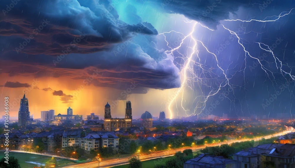 a thunderstorm over a city skyline fantasy concept illustration painting