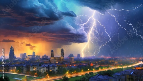 a thunderstorm over a city skyline fantasy concept illustration painting