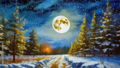 winter landscape with full moon in the night forest digital oil painting impasto printable square wall art © Richard