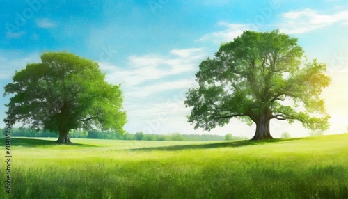 beautiful summer landscape with green meadow and old oak trees square printable illustration