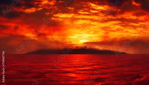 the surface and the island of red water scenery sky with clouds bloody sunset background with copy space for design war apocalypse armageddon nightmare halloween evil horror concept © RichieS