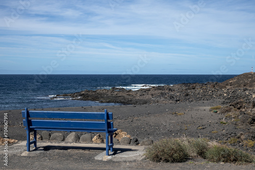 Blue bench and Atlantic ocean, Lanzarote, Spain