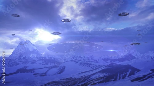 Alien ufo saucers flying toward mothership, snowy landsacpe
Alien sci-fi fantasy concept, 4K, 2024
 photo