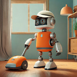 cute little orange futuristic vintage robot – vacuuming cleaning the house